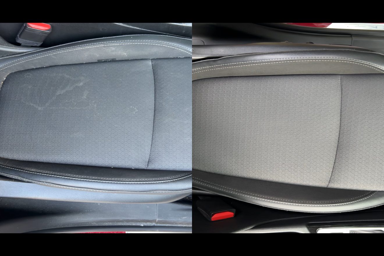 Buick seat before and after detailing by Atom Detailing